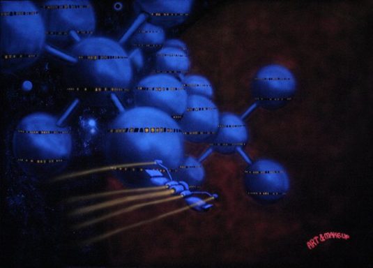 Ein Raumschiff fliegt eine Weltraumstation an in UV Farben, Airbrushtechnik