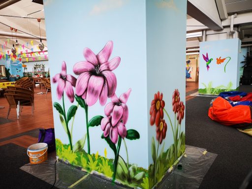 Bemalte Wand des Indoor Spielplatzes Wölpi. Blumen