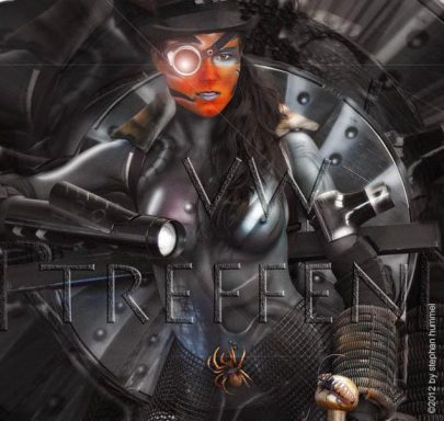 Frau mit Ganzkörper-Bodypainting im Steampunk Stil