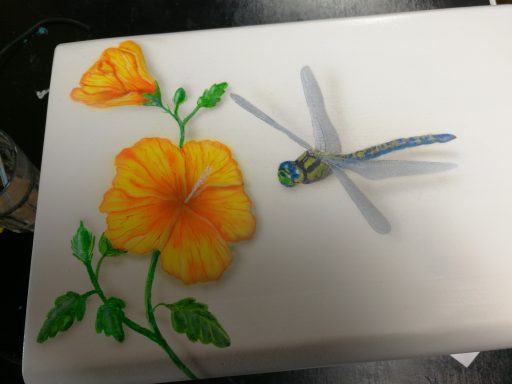 Holzkiste mit Hibiskusblüten und einer Libelle im Flug